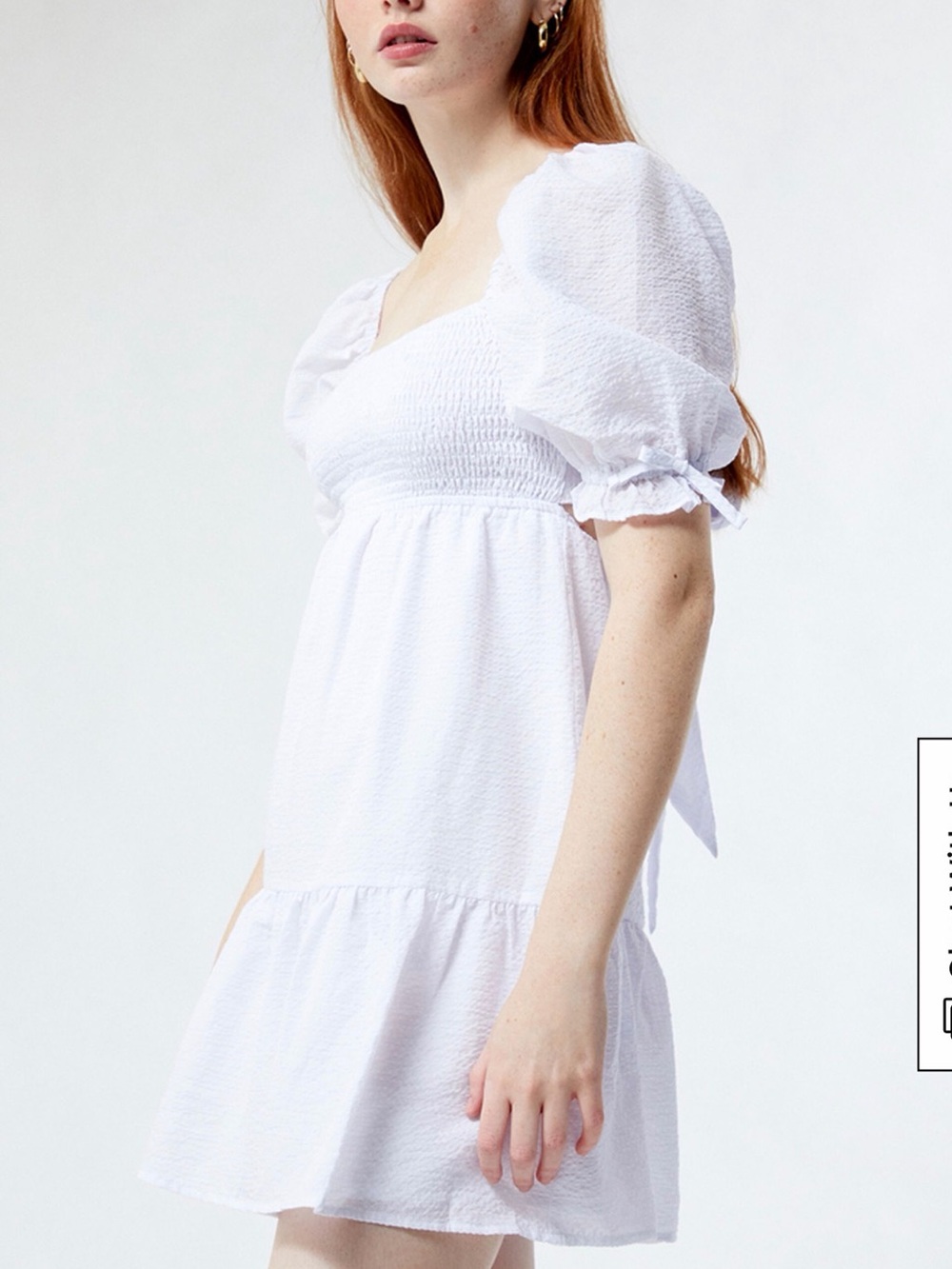 Charlie Holiday White Smocked Puff Sleeve Open Back Mini Dress, NWOT, Size 8 - Picture 12 of 12